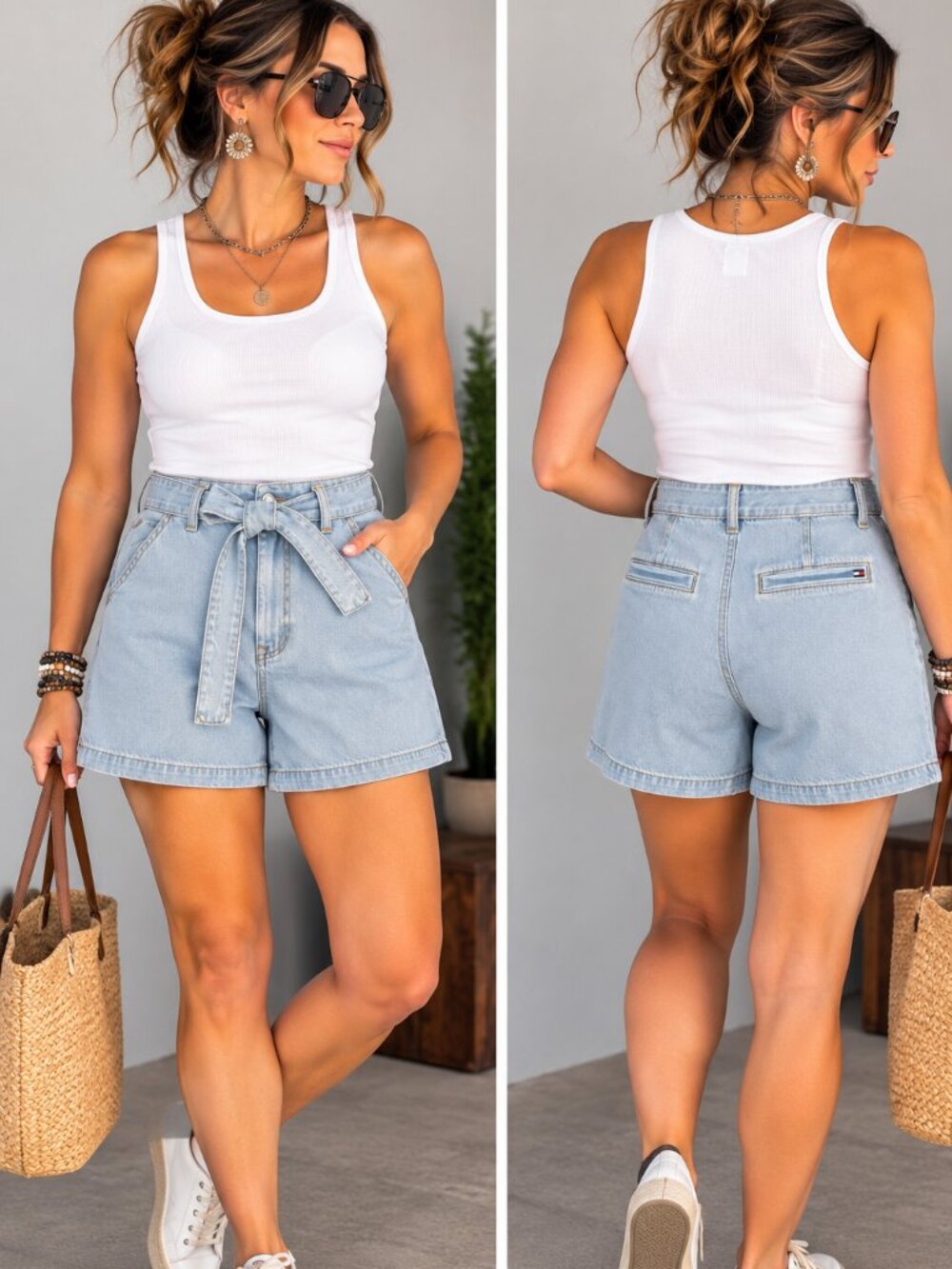 NWT Tommy Hilfiger High Rise Denim Shorts 14 Belted Light Wash 6" Rigid
